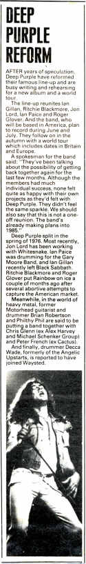 Melody Maker reports Deep Purple reforming